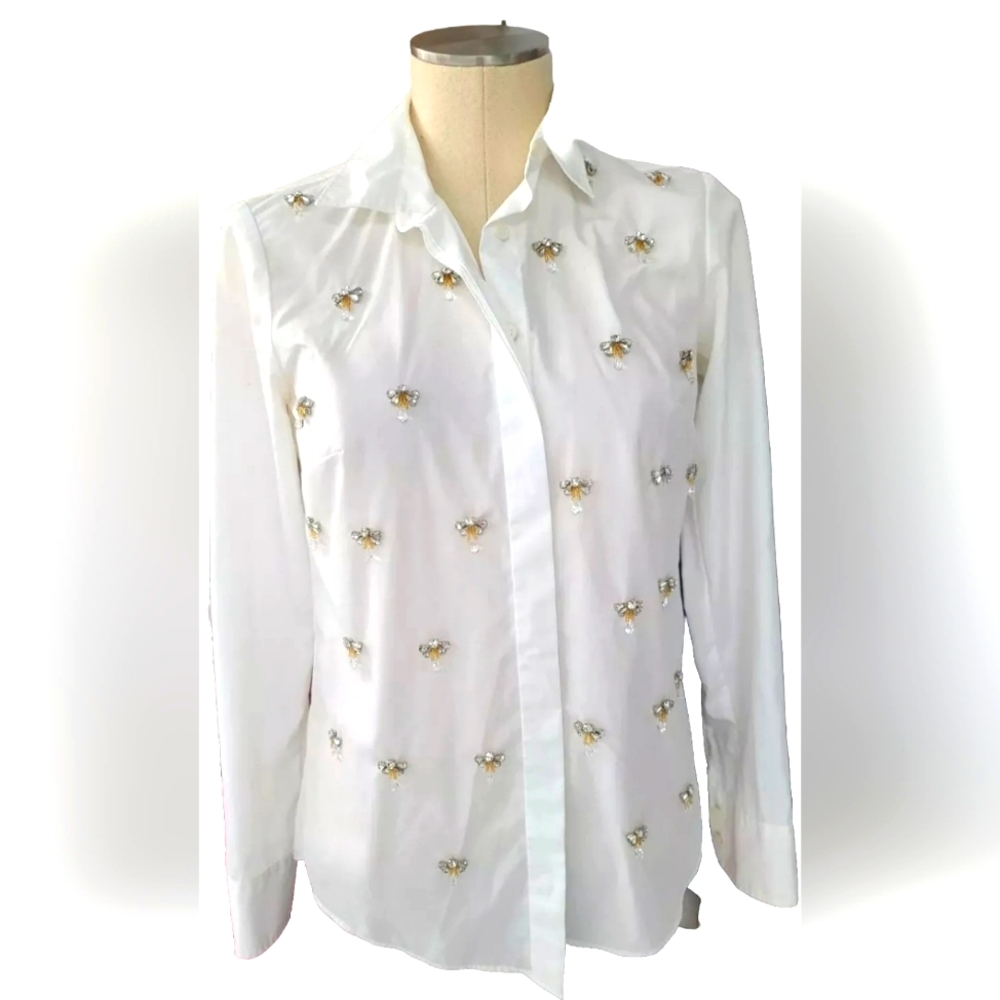 Rhinestone Bee White Holiday Shirt 0 XS J Crew Collection